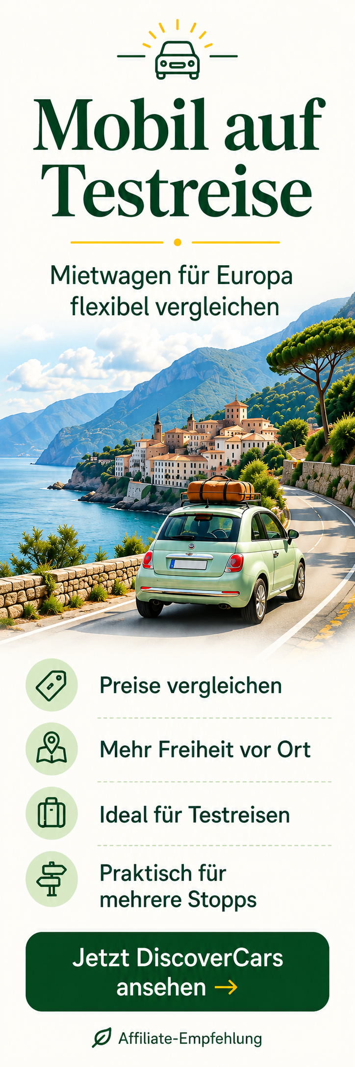Werbebanner für DiscoverCars – Mobil auf Testreise