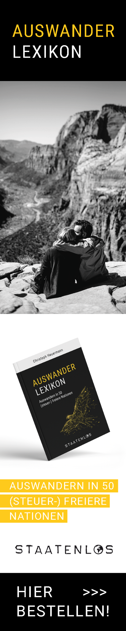 Werbebanner für das Auswander-Lexikon von Staatenlos