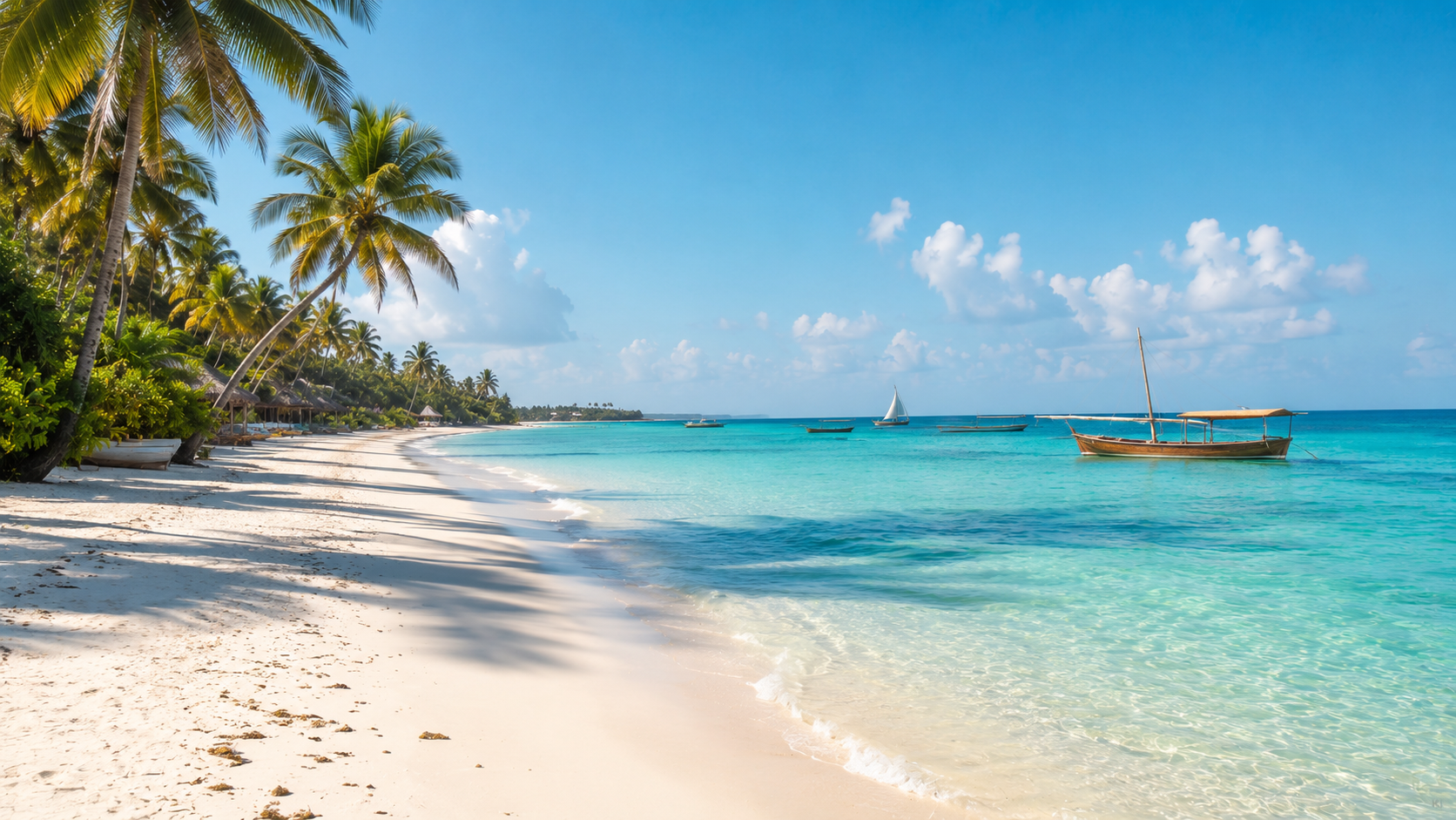 Sansibar mit weißem Strand, Palmen, traditionellen Booten und türkisfarbenem Meer