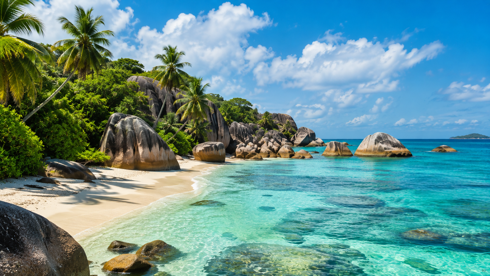 Seychellen mit weißem Sand, Granitfelsen, Palmen und türkisfarbenem Wasser