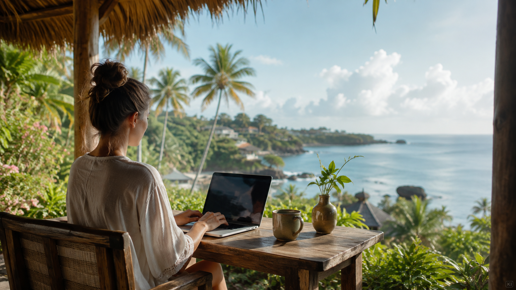KI-generierter Remote-Arbeitsplatz mit Meerblick und Palmen als Stimmungsbild für Bali