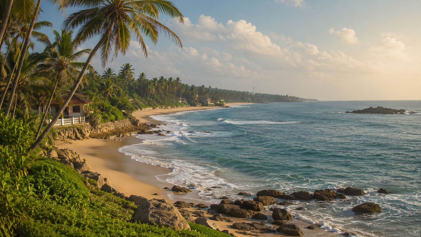 KI-generierte tropische Küste im warmen Abendlicht als Stimmungsbild für Sri Lanka