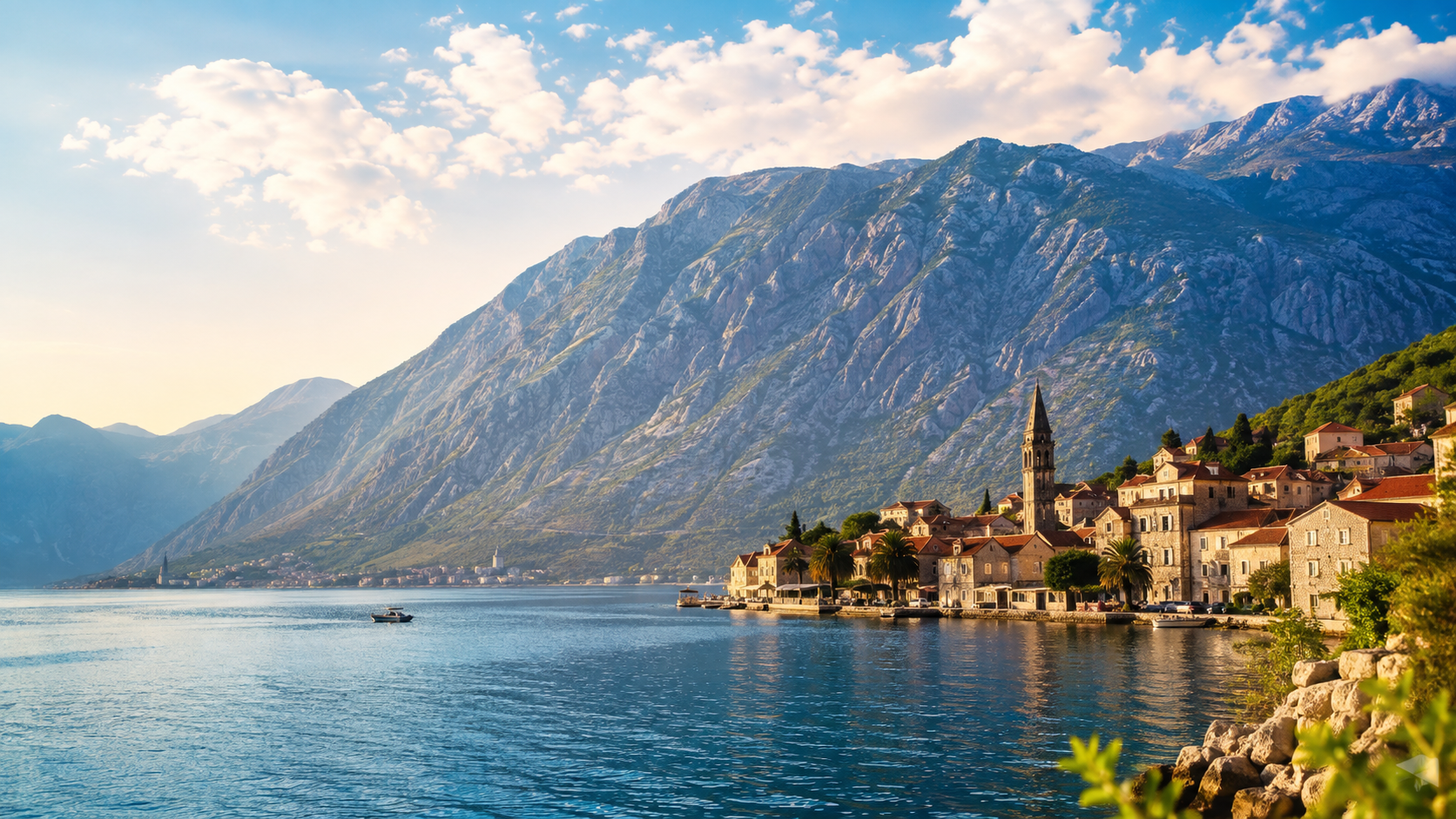 Europäische Küstenlandschaft mit Bergen und Ort am Meer