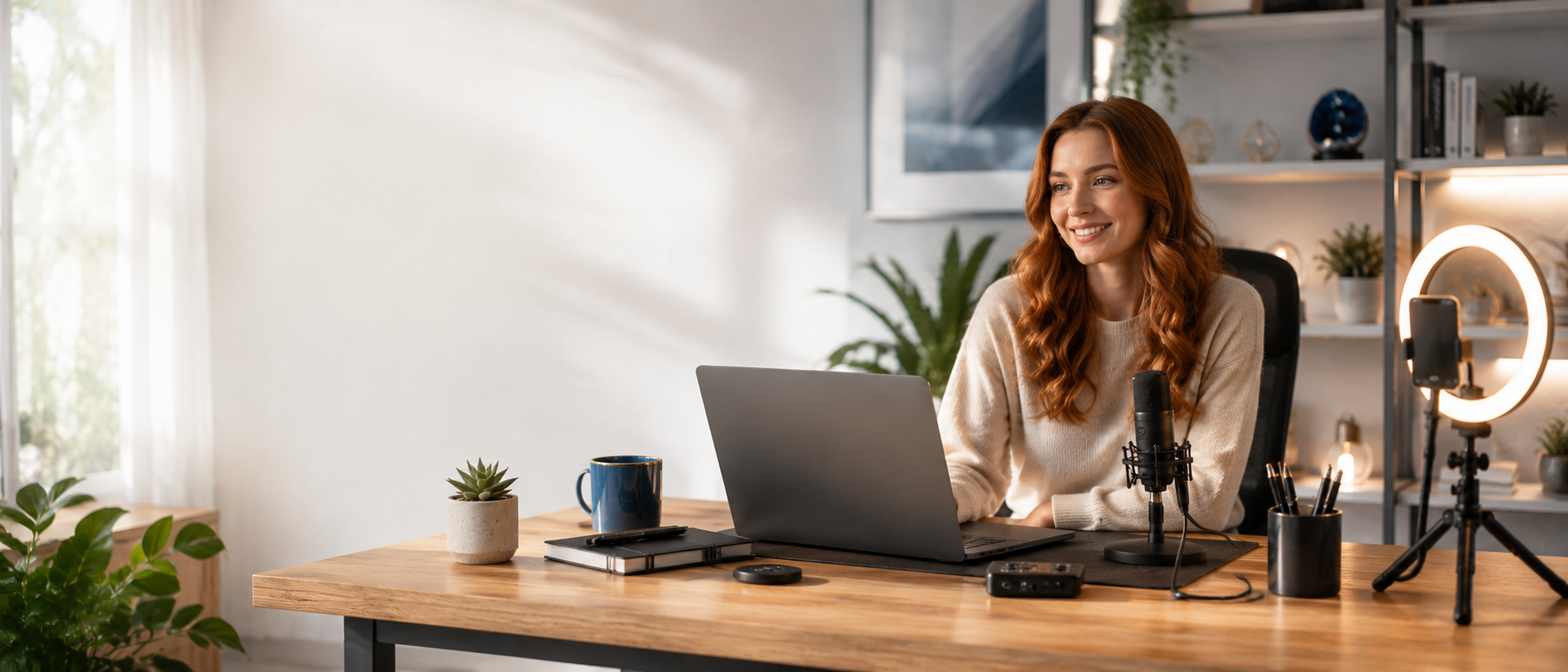 Rothaarige Frau an einem modernen Homeoffice-Arbeitsplatz mit Laptop, Mikrofon und Ringlicht
