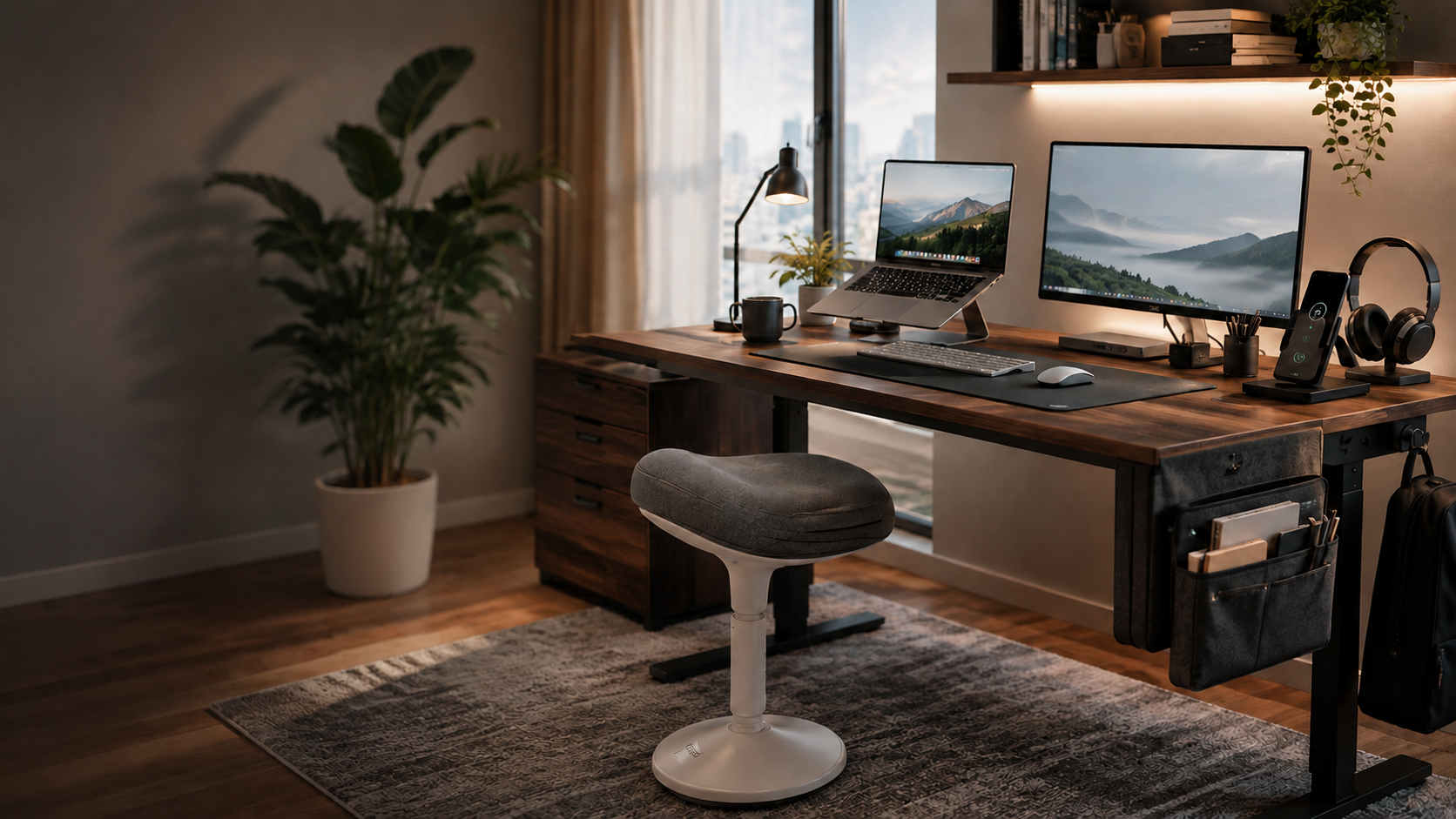 Ergonomisches Desk Setup mit Schreibtisch, aktivem Sitz und Organizer