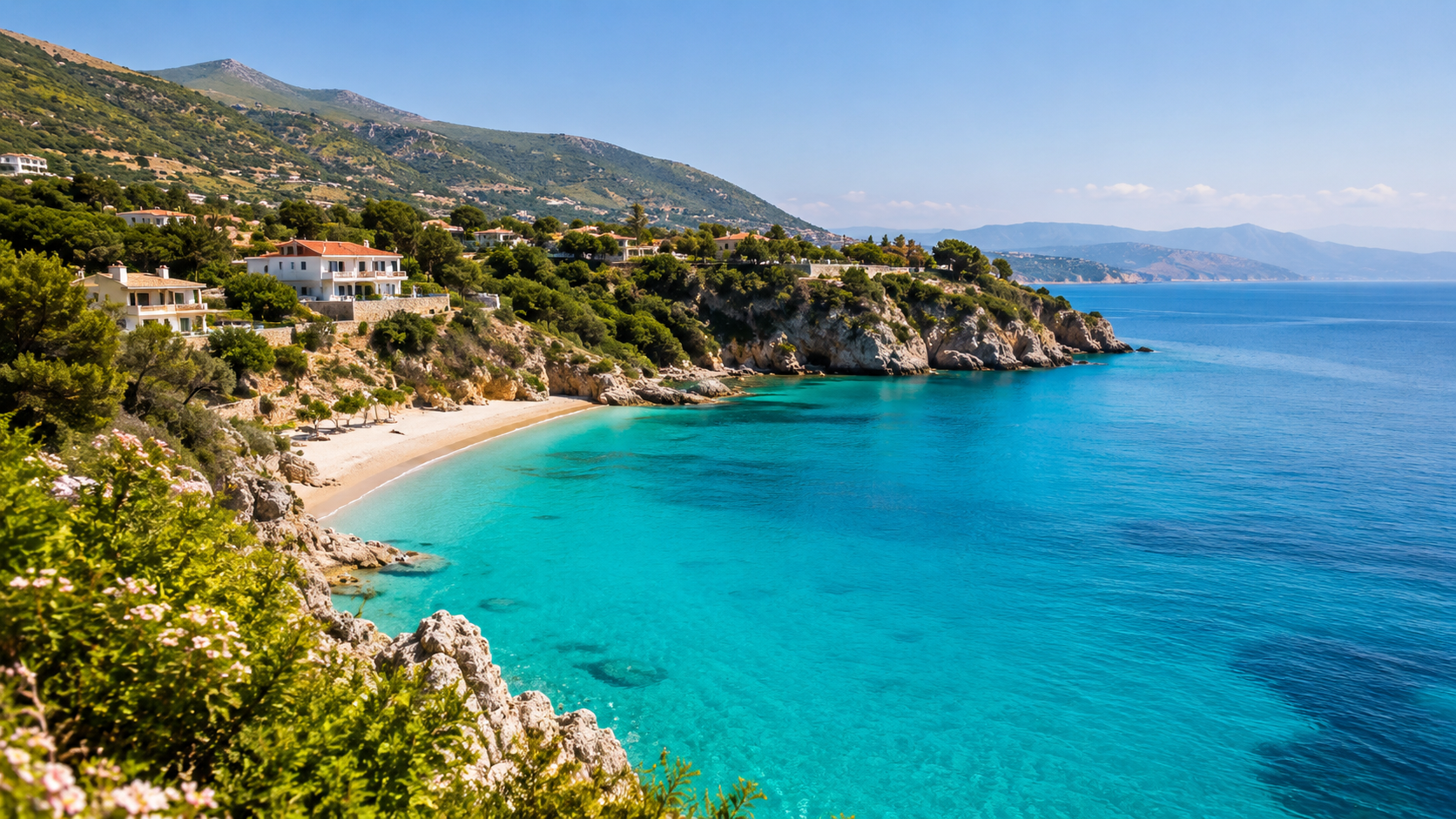 Albanien: türkisfarbene Küste mit Bucht und grünen Hängen