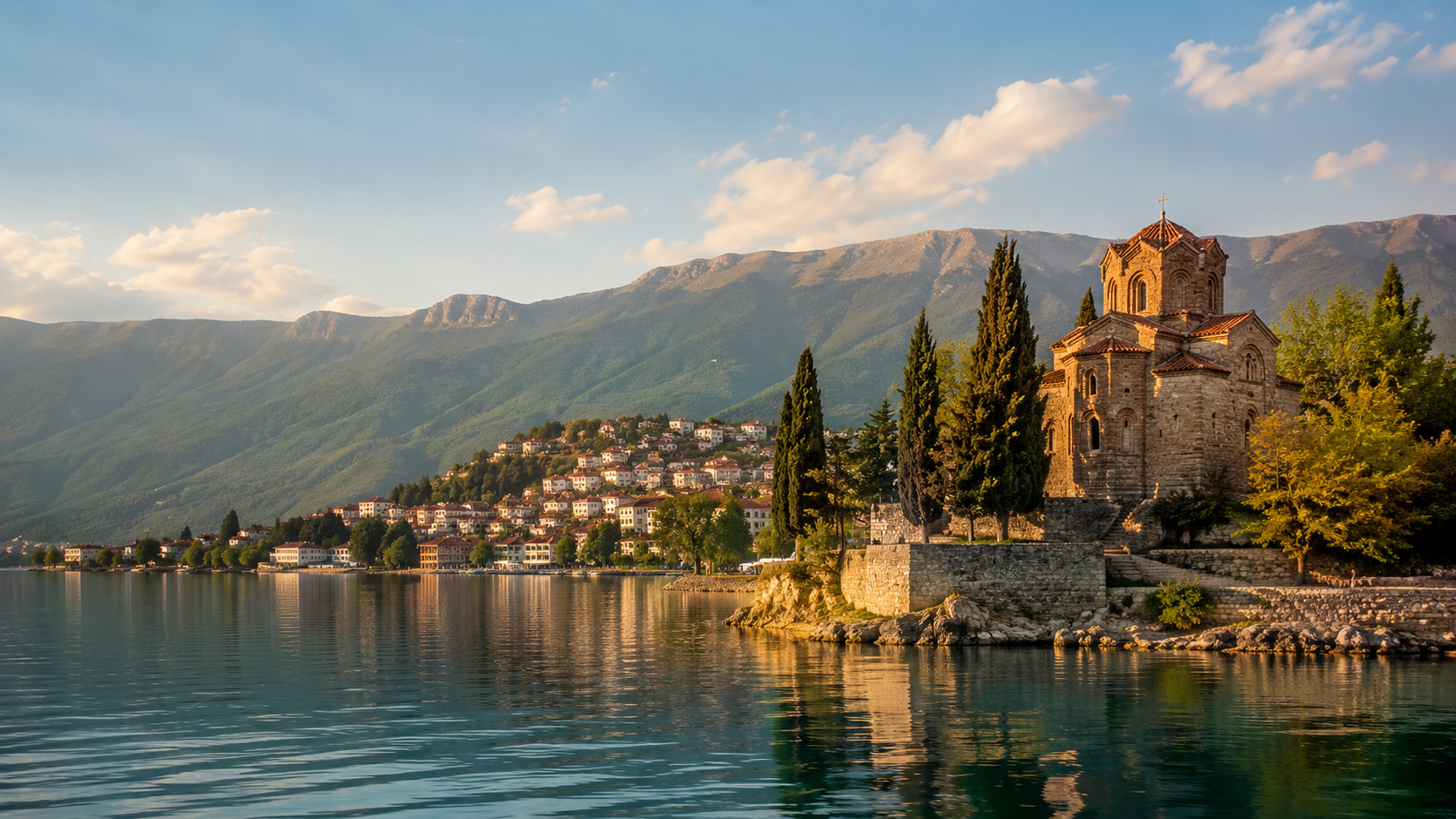 Nordmazedonien: Kirche am Ohridsee mit Bergen im Hintergrund