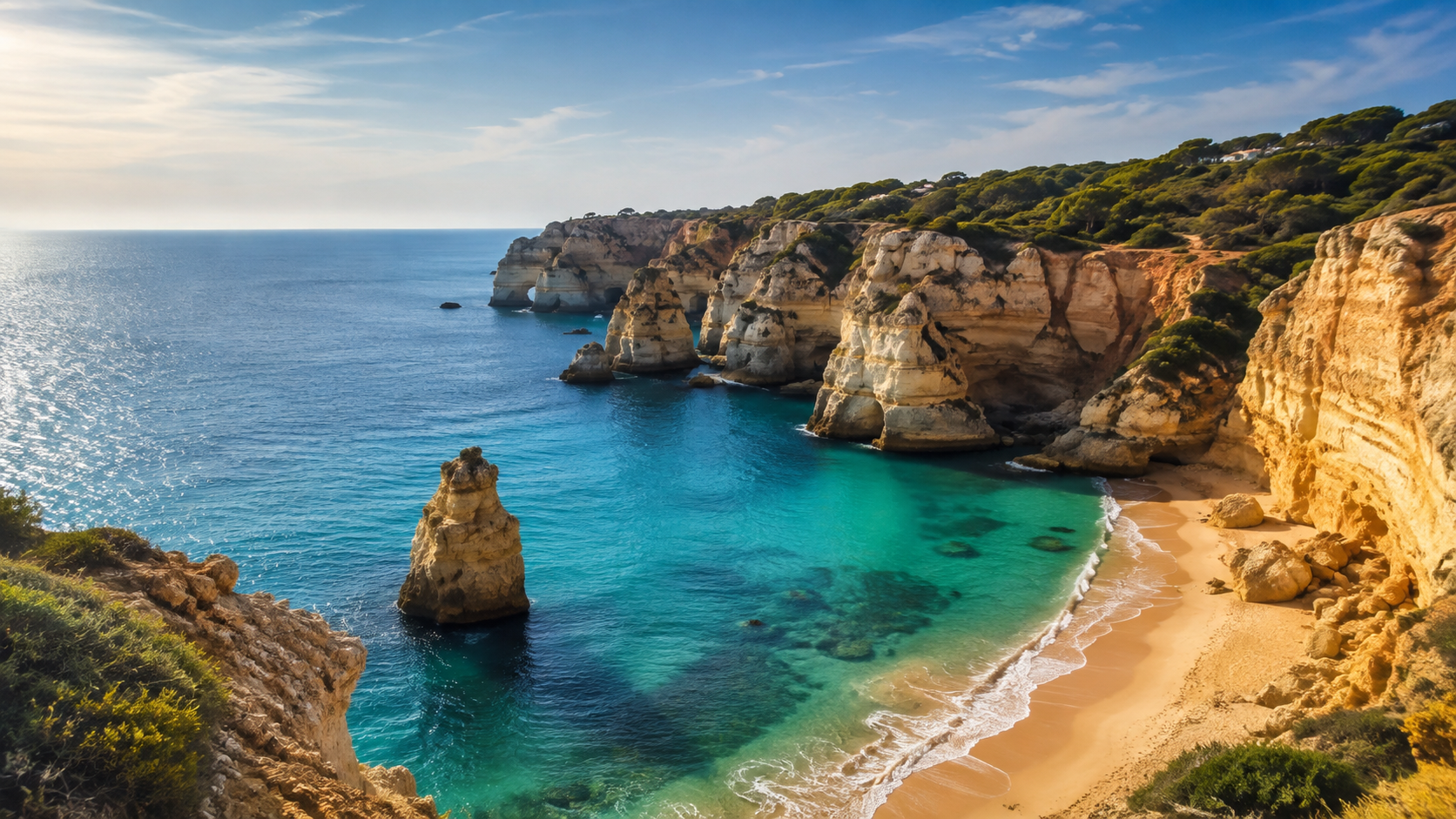 Algarve in Portugal: goldene Felsen, türkisfarbenes Wasser und kleine Strandbucht