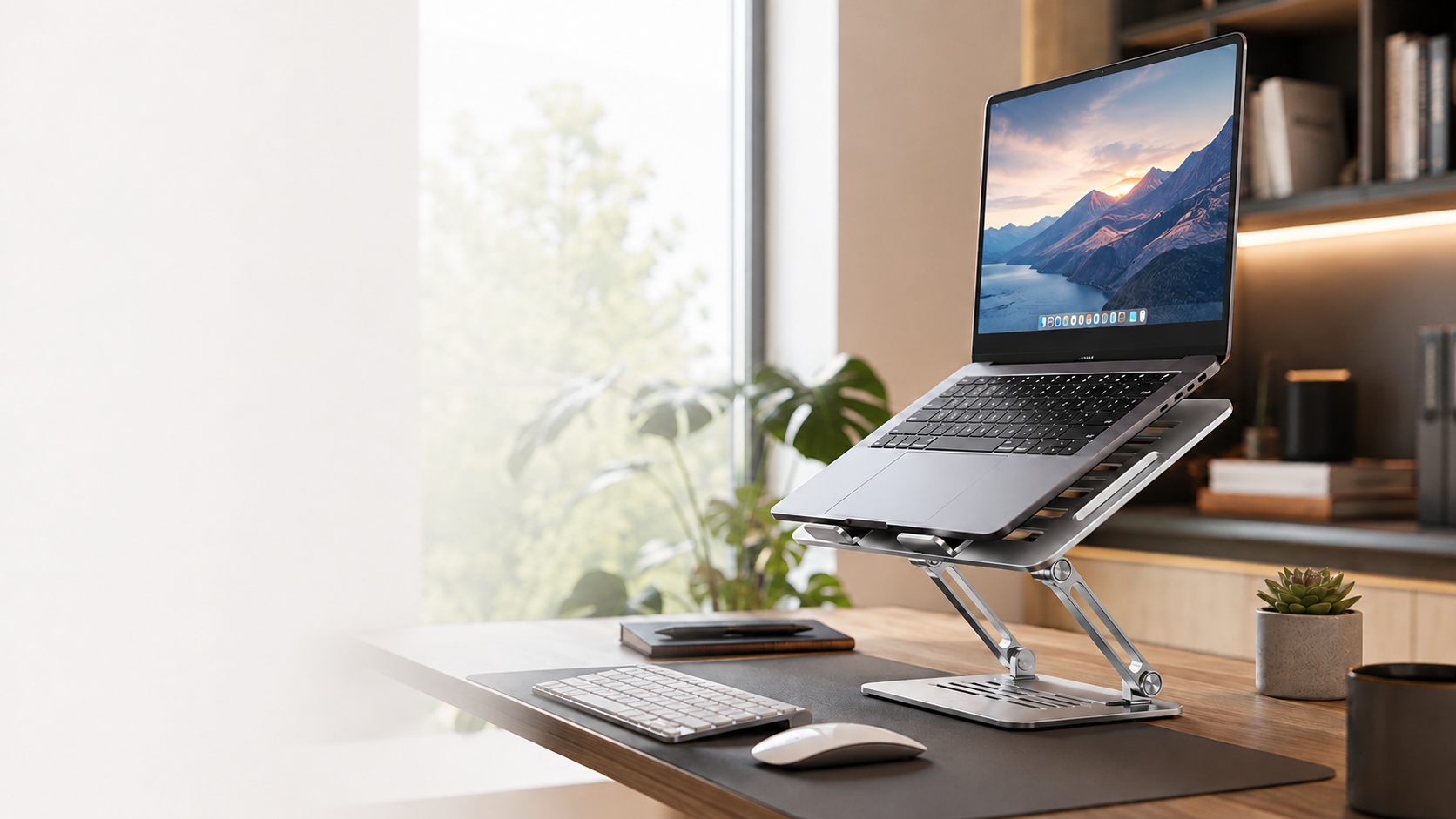 Faltbarer Laptop-Ständer auf einem hellen modernen Schreibtisch