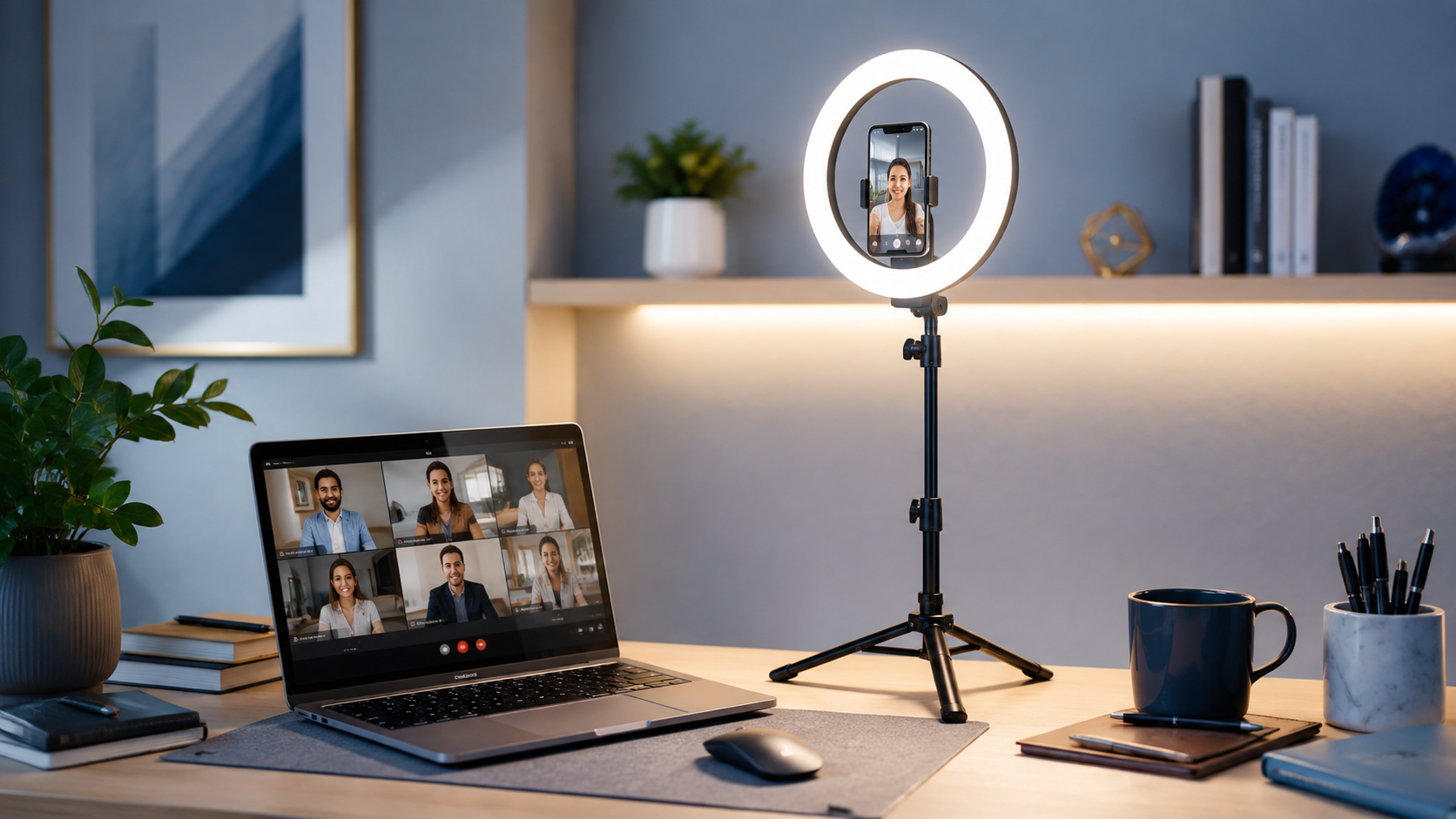 Ringlicht und Videolicht an einem modernen Homeoffice-Arbeitsplatz