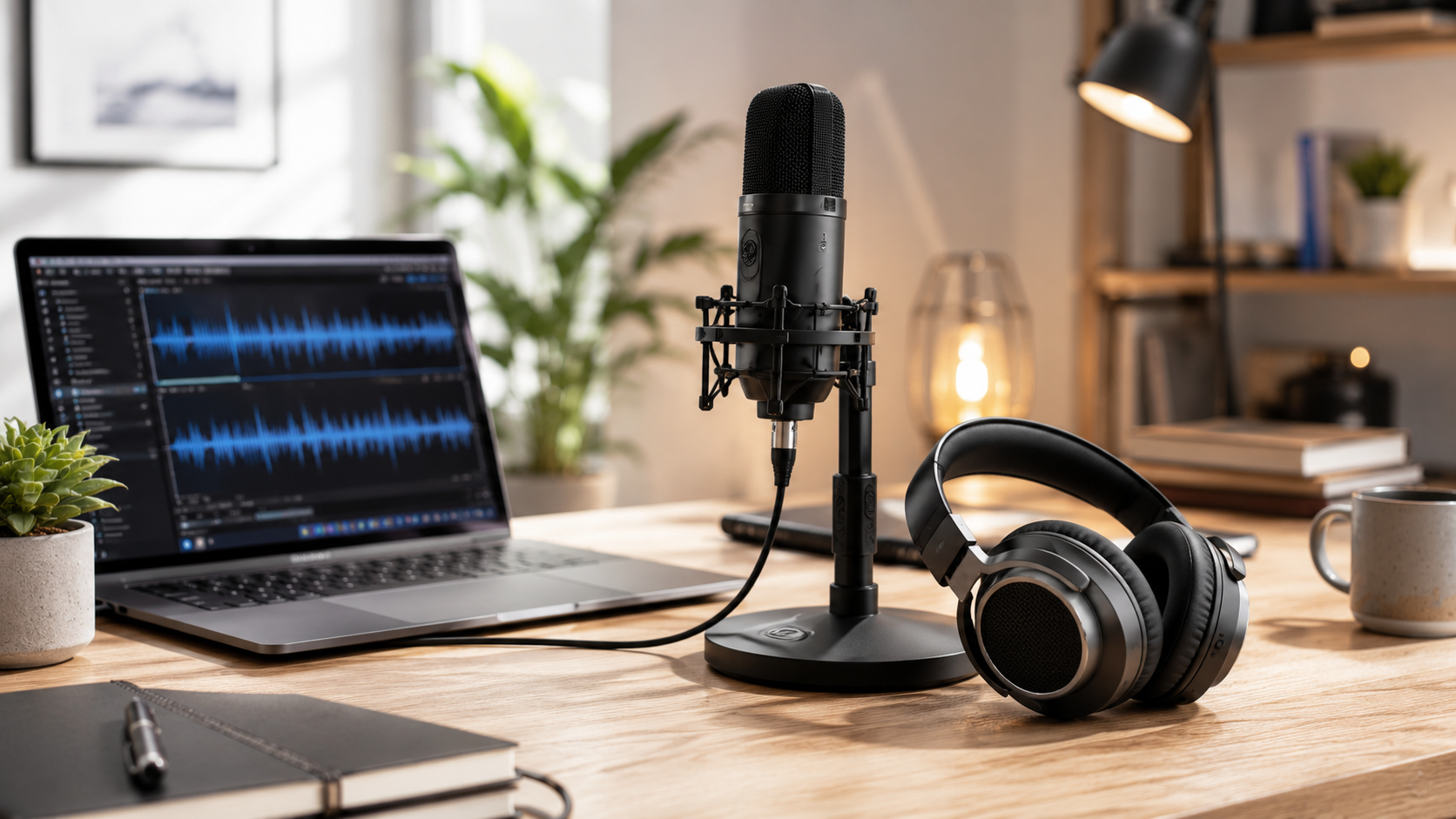 Mikrofon und Kopfhörer an einem modernen Audio-Arbeitsplatz