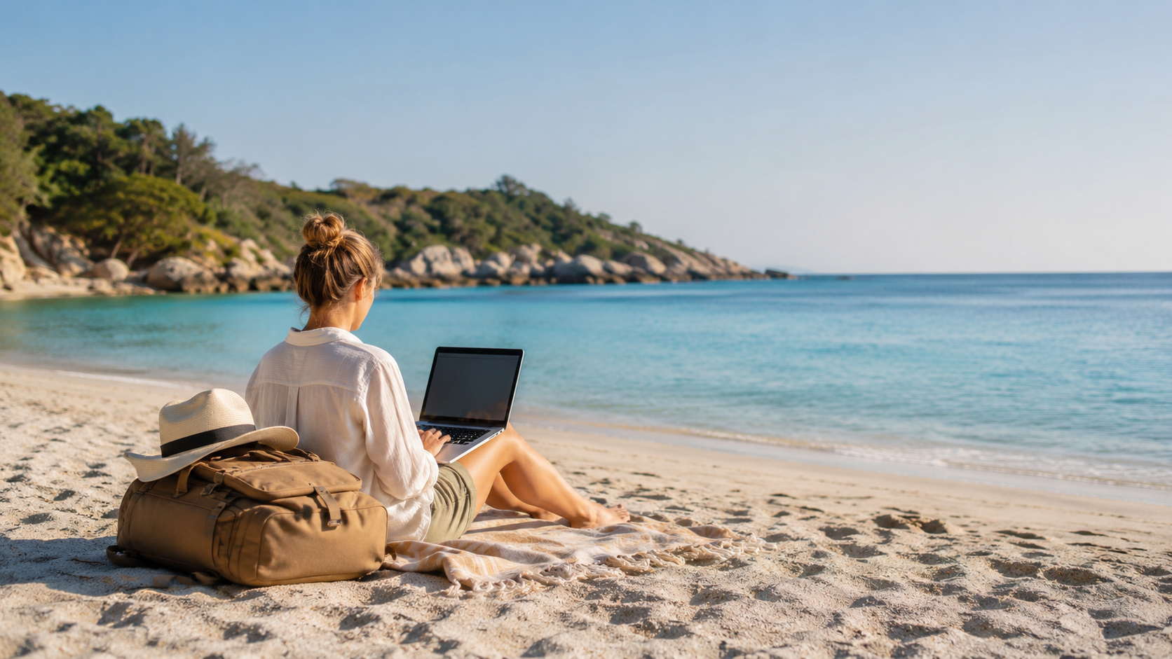 Remote arbeiten mit Laptop direkt am türkisblauen Strand