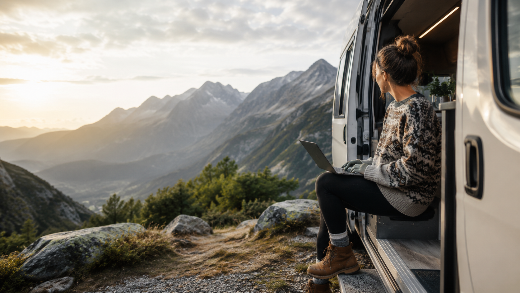 Remote arbeiten aus dem Camper mit Laptop und Bergblick
