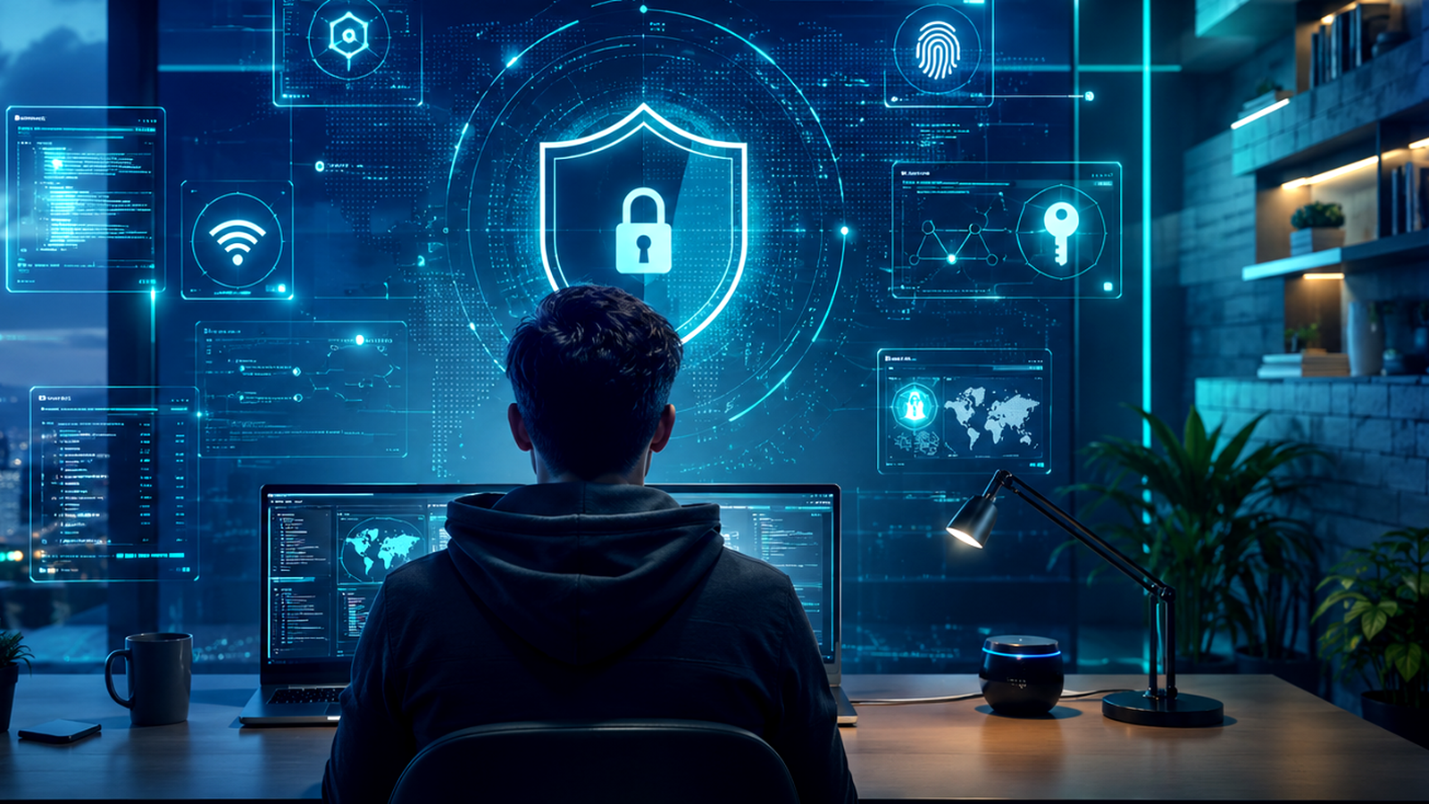 Person von hinten an einem Computerarbeitsplatz mit blauen Cybersecurity-Anzeigen