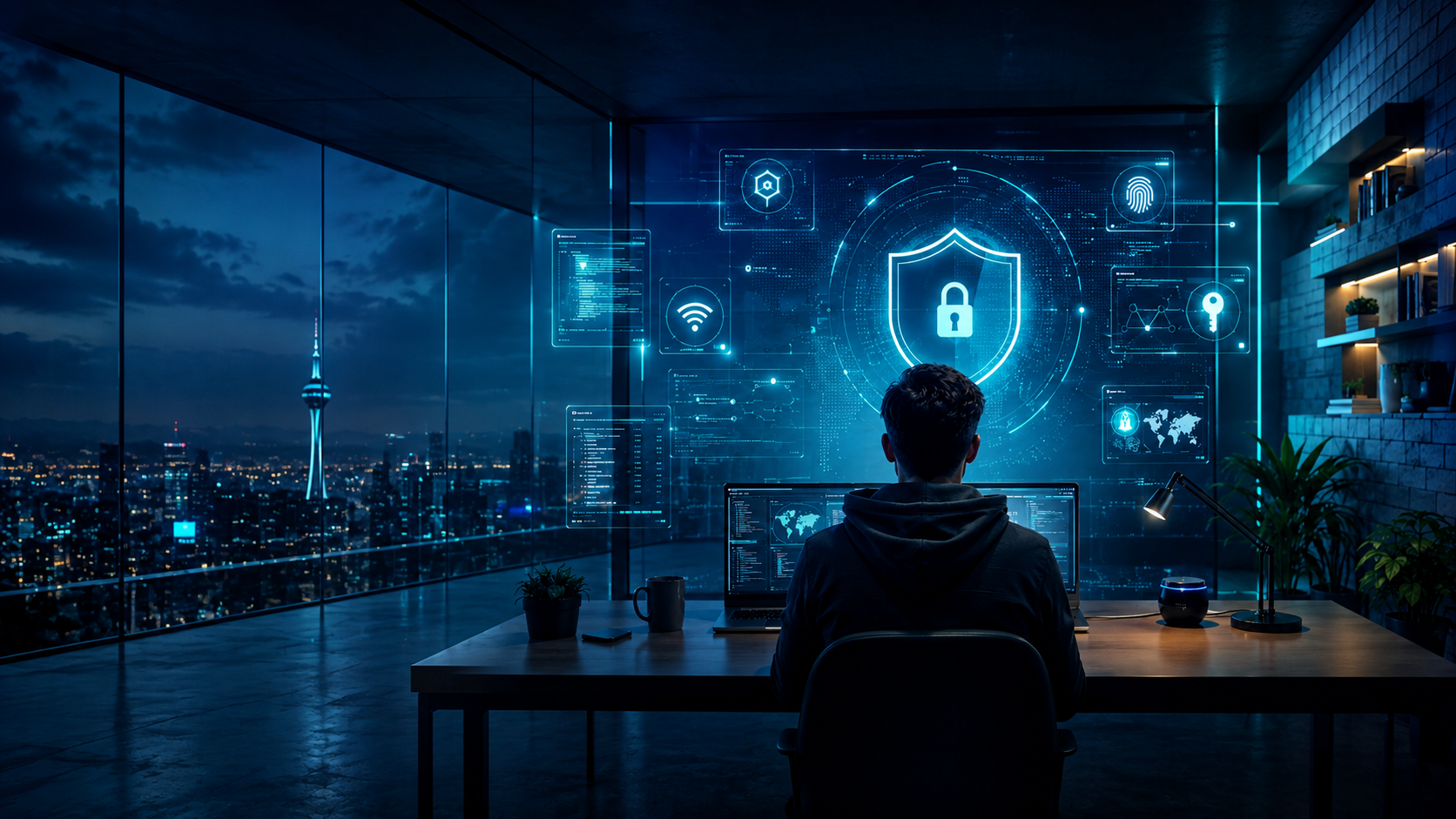 Dunkelblaues digitales Sicherheitsmotiv für die Smart Remote Life Security-Länderchecks