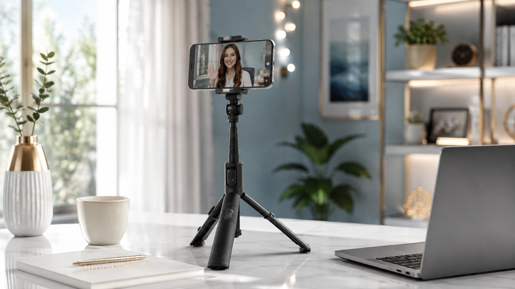 Flexibles Smartphone-Stativ auf einem modernen Homeoffice-Schreibtisch