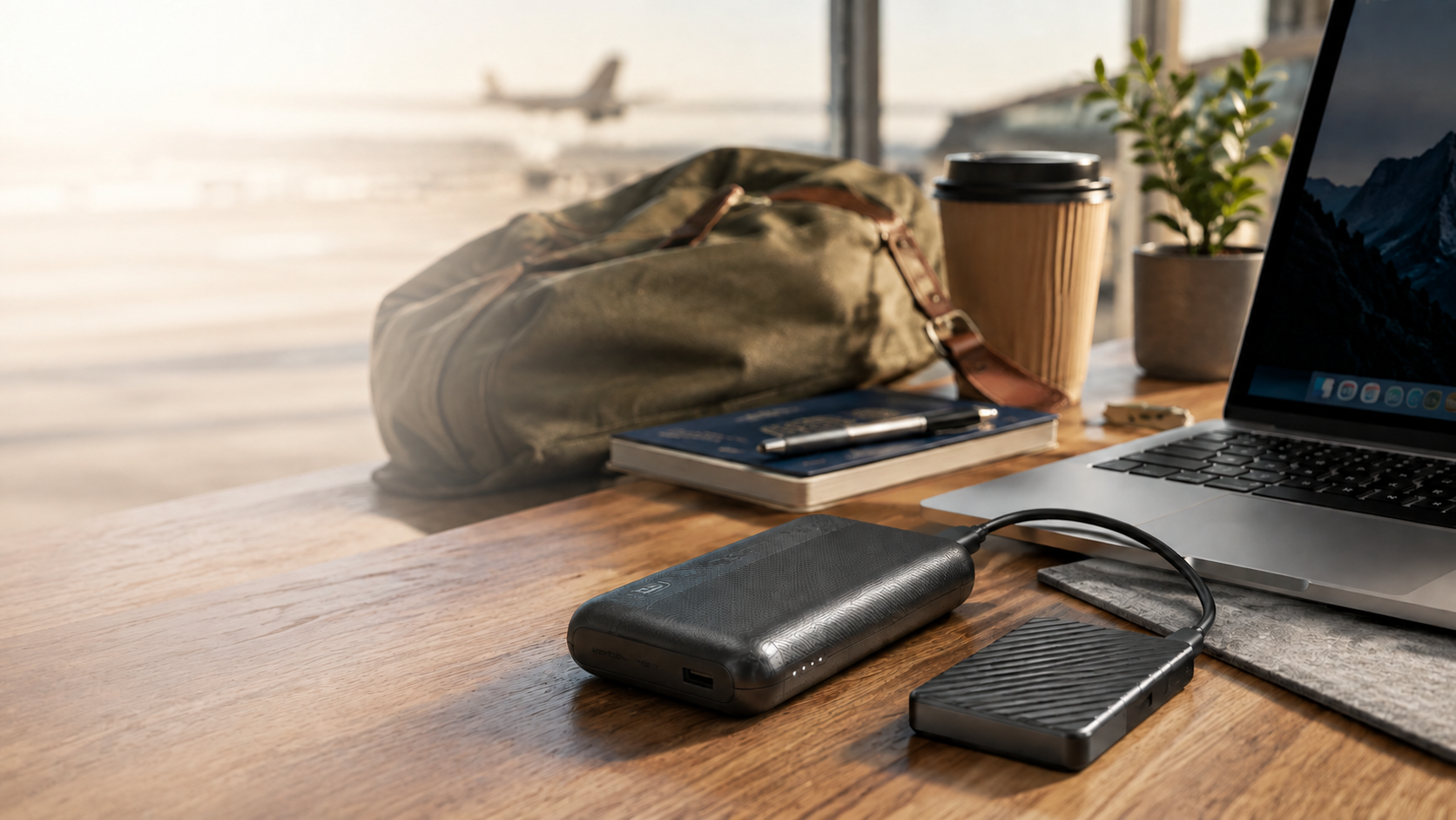 Mobiler Speicher und Powerbank neben einem Laptop am Reise-Arbeitsplatz