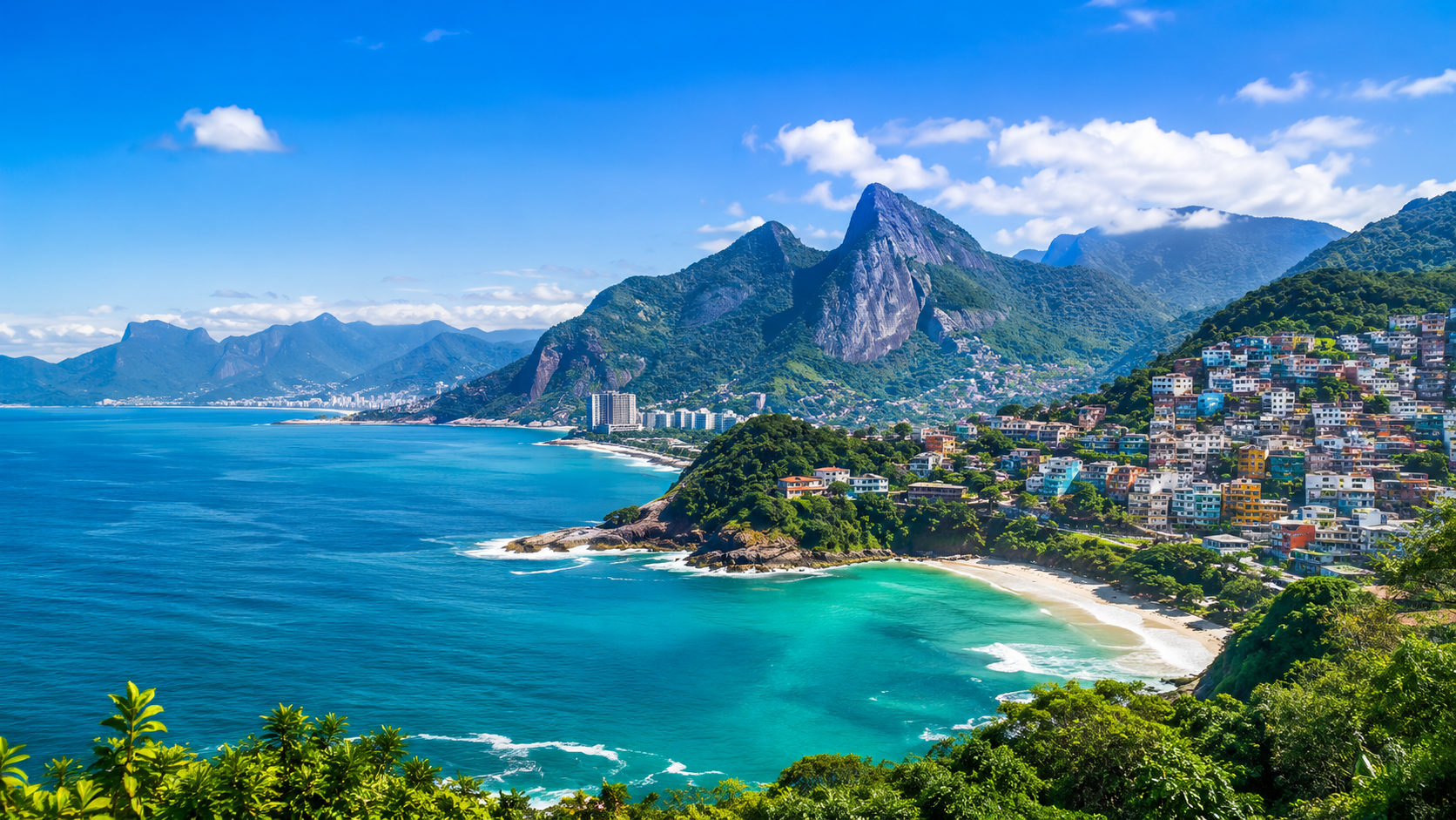 KI-generierte tropische Küstenstadt zwischen Bergen und Meer als Stimmungsbild für Brasilien
