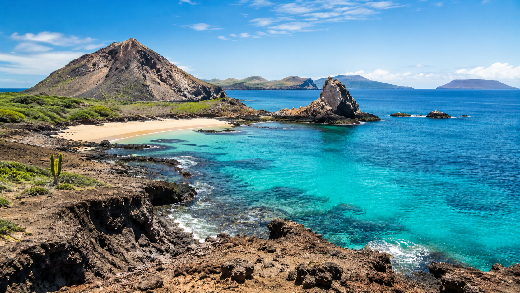 KI-generierte Vulkan- und Küstenlandschaft als Stimmungsbild für Ecuador und Galápagos