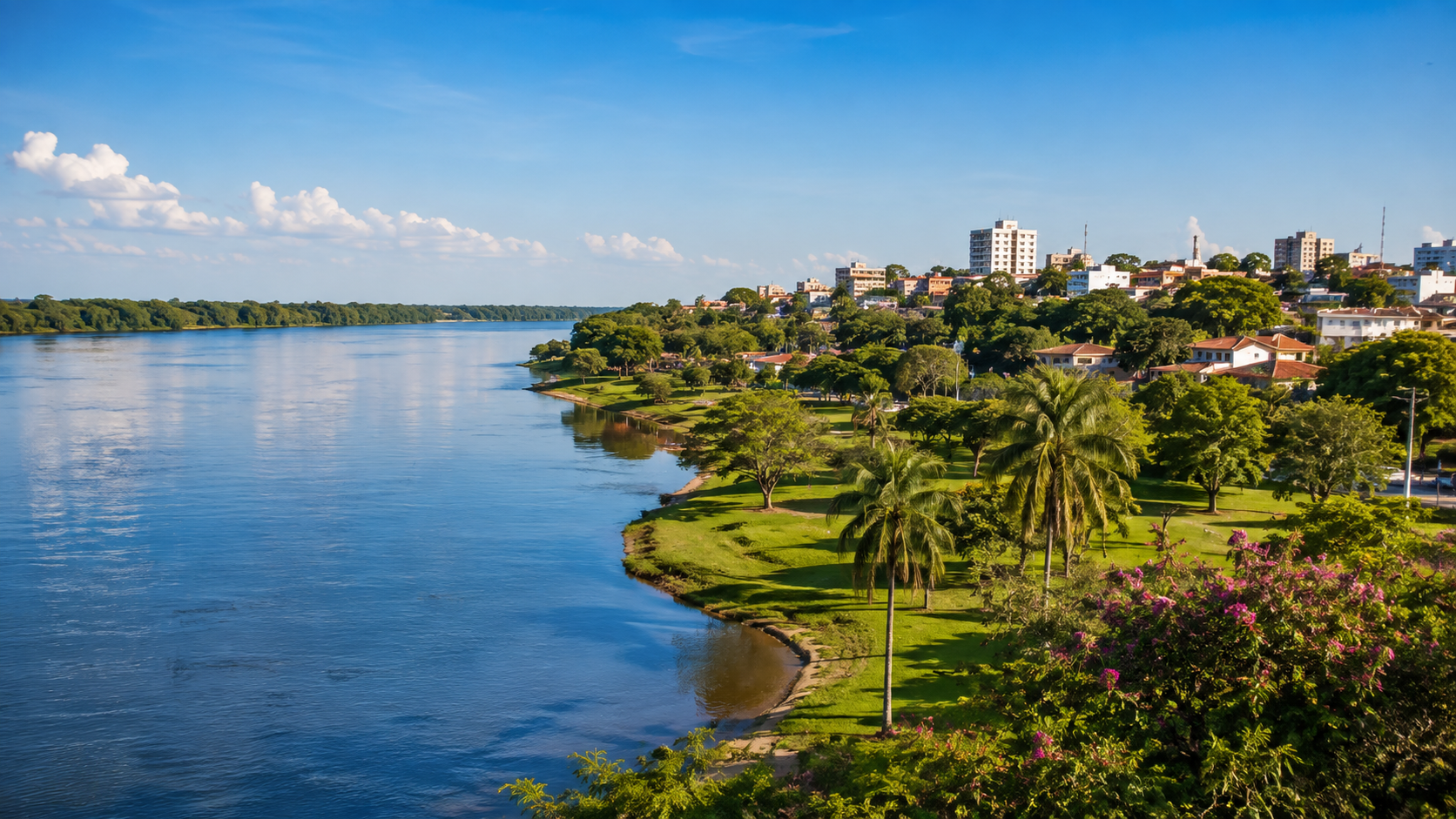 KI-generierte Fluss- und Stadtlandschaft als Stimmungsbild für Paraguay