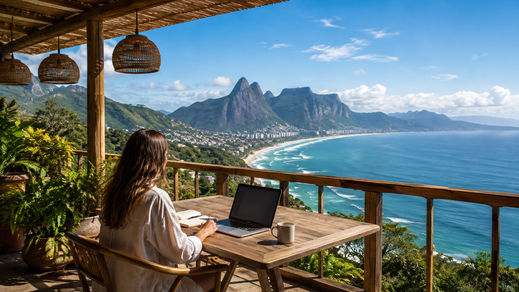 KI-generierter Remote-Arbeitsplatz mit weitem Blick auf eine südamerikanische Küstenlandschaft