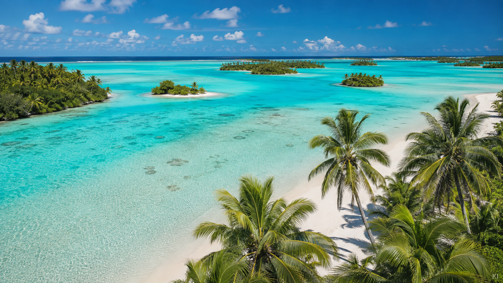 KI-Stimmungsbild der türkisfarbenen Lagune von Aitutaki auf den Cookinseln