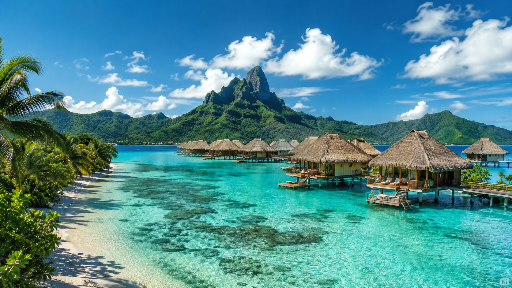 KI-Stimmungsbild einer Lagune mit Overwater-Bungalows in Französisch-Polynesien