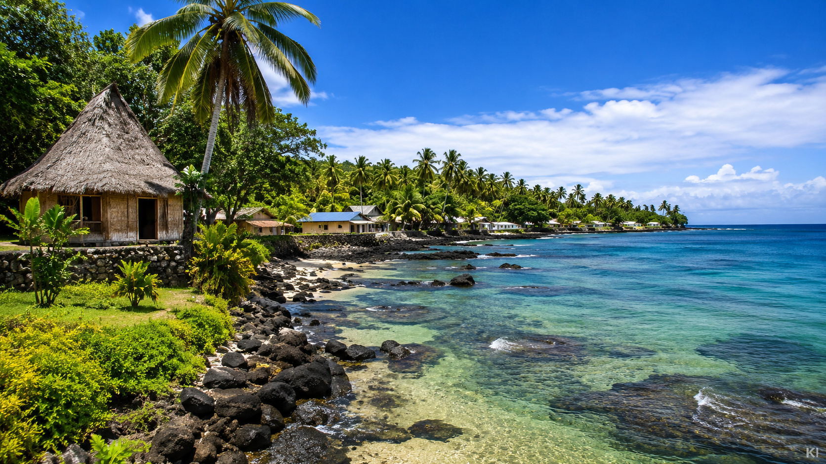 KI-Stimmungsbild einer tropischen Küste und eines Dorfes auf Samoa