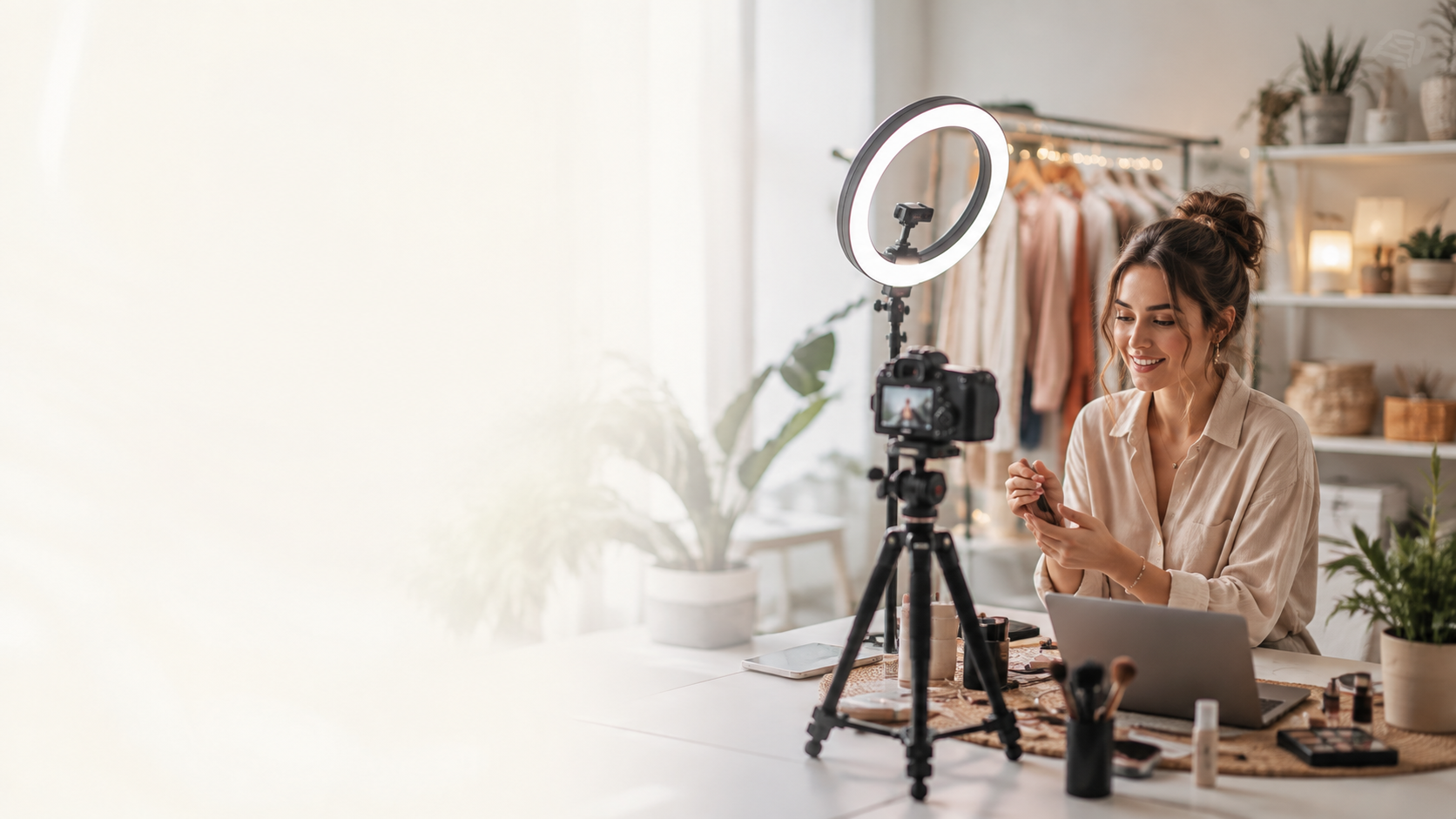 Creatorin mit Kamera und Ringlicht im Home-Studio