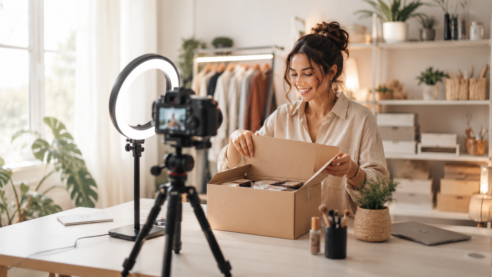 Creatorin beim Unboxing und Filmen eines Produkts im Home-Studio