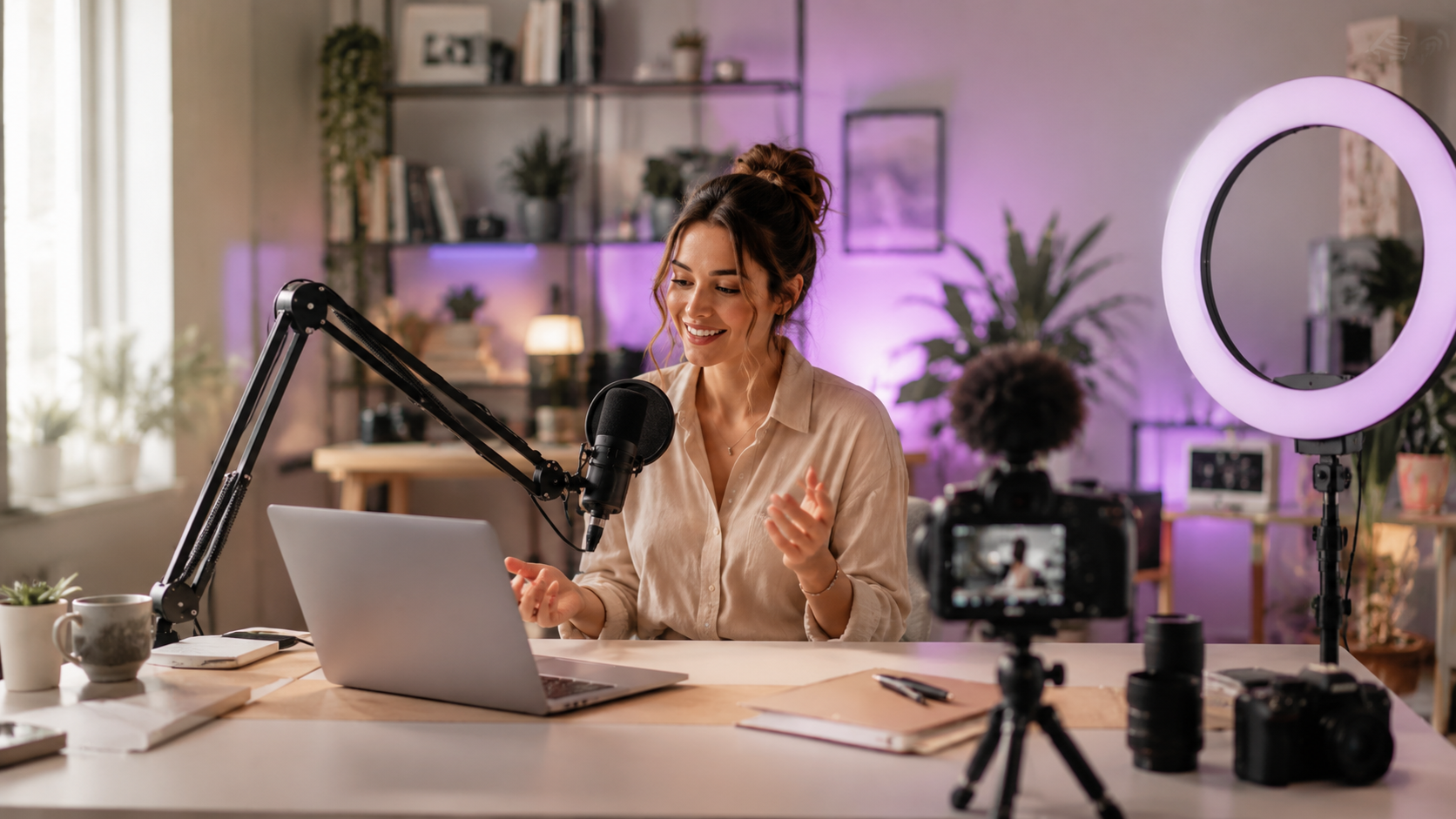 Creatorin im Home-Studio mit Mikrofon, Kamera und Ringlicht