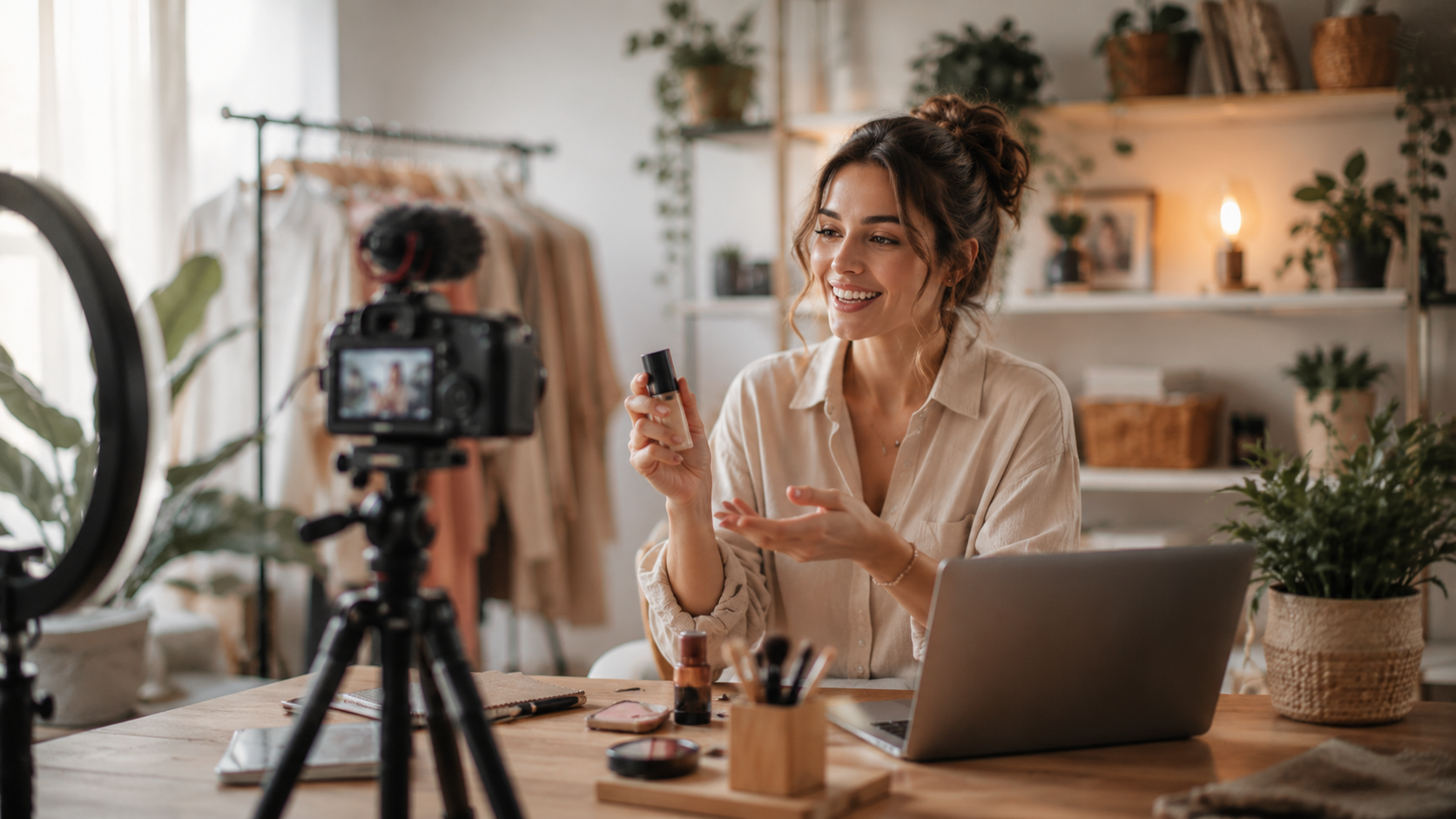 Beauty Creatorin beim Filmen eines Produktvideos im Home-Studio