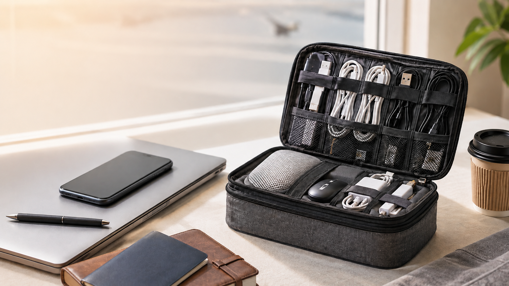 Geöffnete Tech-Pouch mit sortierten Kabeln, Ladegeräten und Zubehör