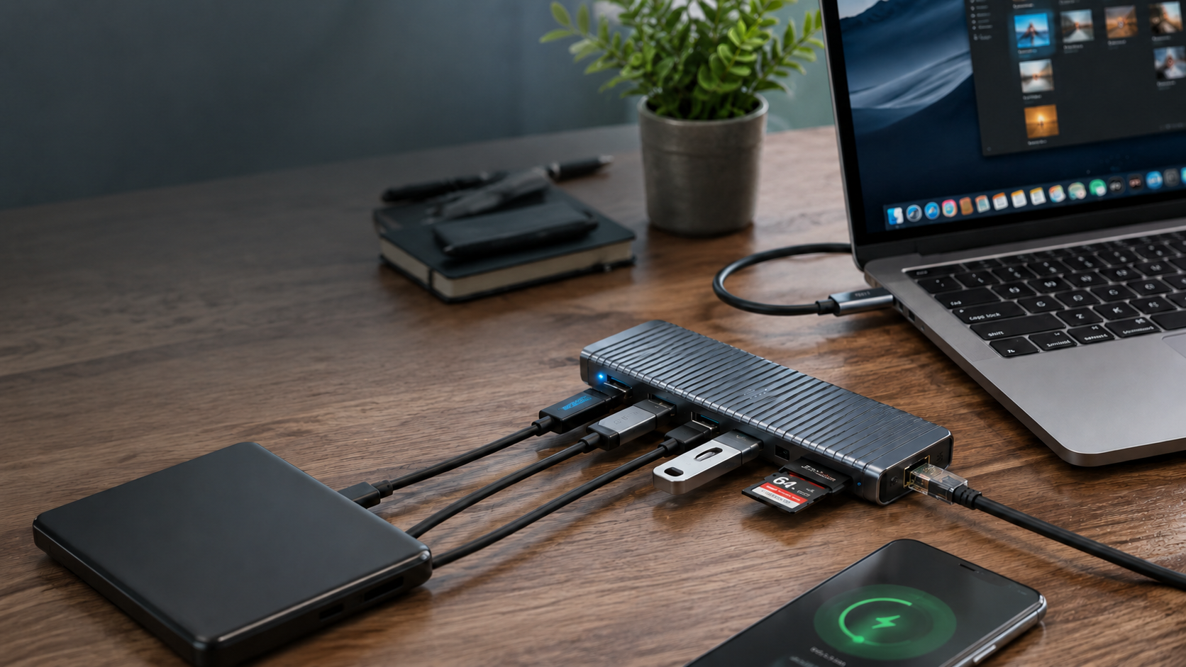 USB-C Hub mit mehreren Anschlüssen an einem modernen Homeoffice-Arbeitsplatz