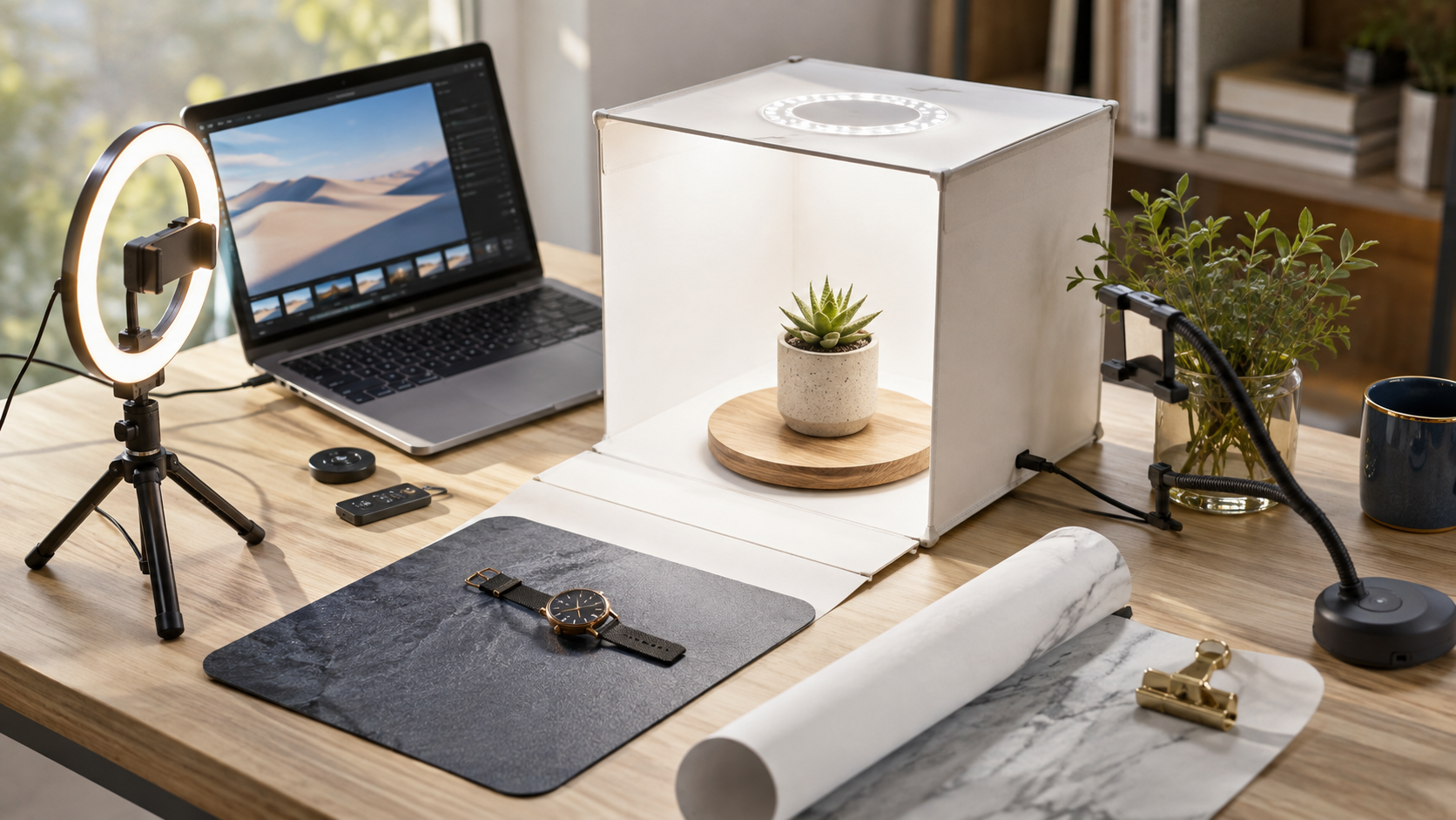 Lichtbox und Hintergrund-Setup für einfache Produktfotografie im Homeoffice